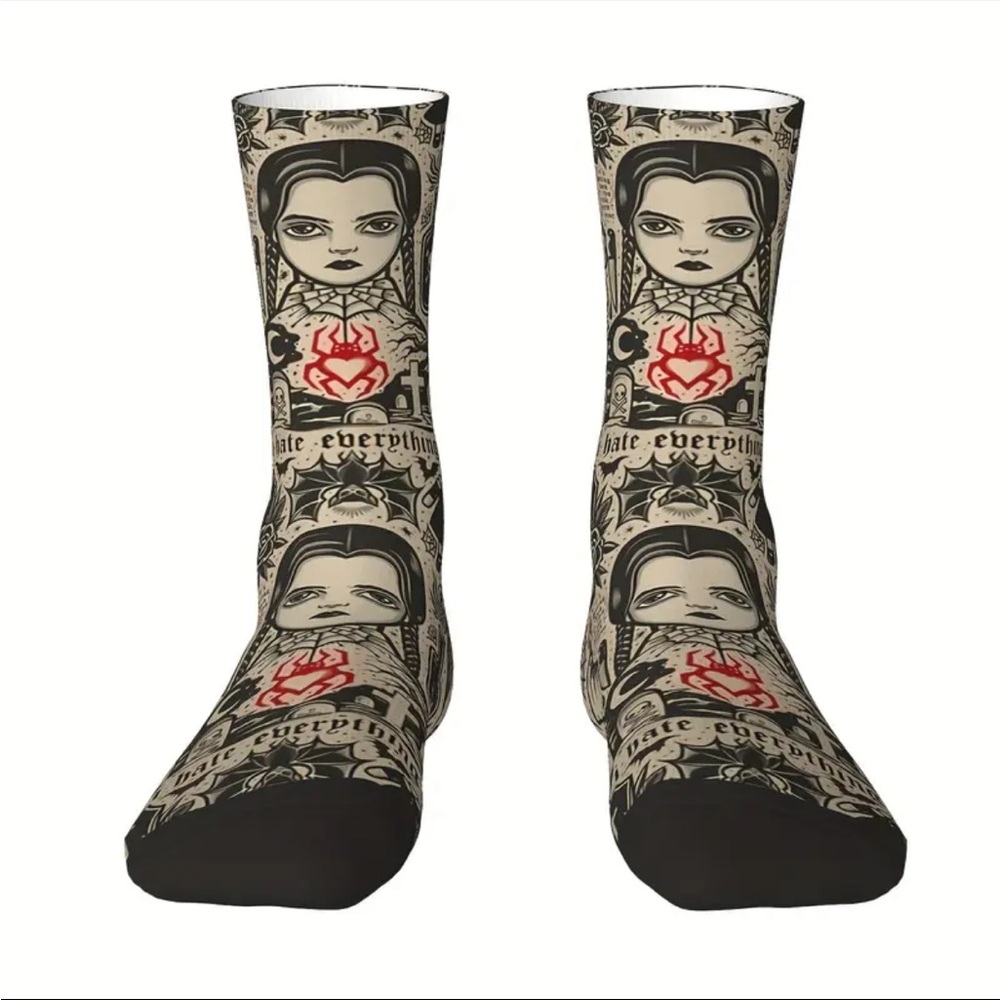 π Pair Of Harajuku Vintage Style Wednesday Addams Crew Socks - Streetwear - Picture 6 of 8